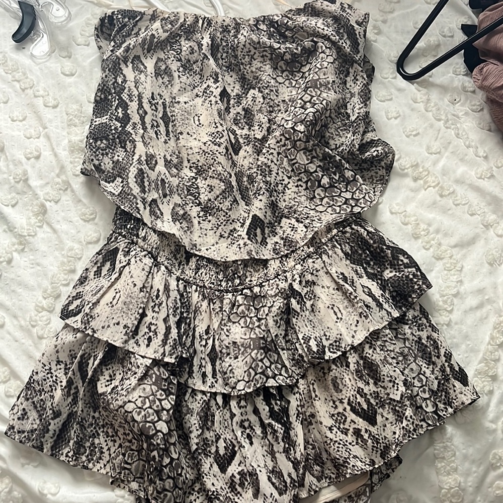 Strapless snake skin romper with cut out in the back and cinched in the waist